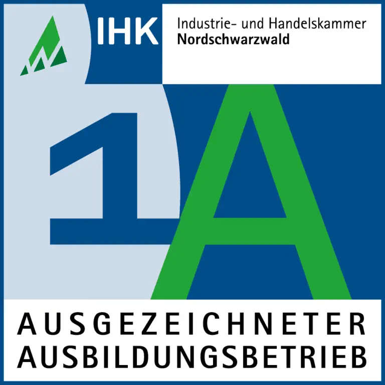 IHK-Siegel 1A Ausgezeichneter Ausbildungsbetrieb der IHK Nordschwarzwald für priomold als Anerkennung für hochwertige Ausbildung und Nachwuchsförderung.