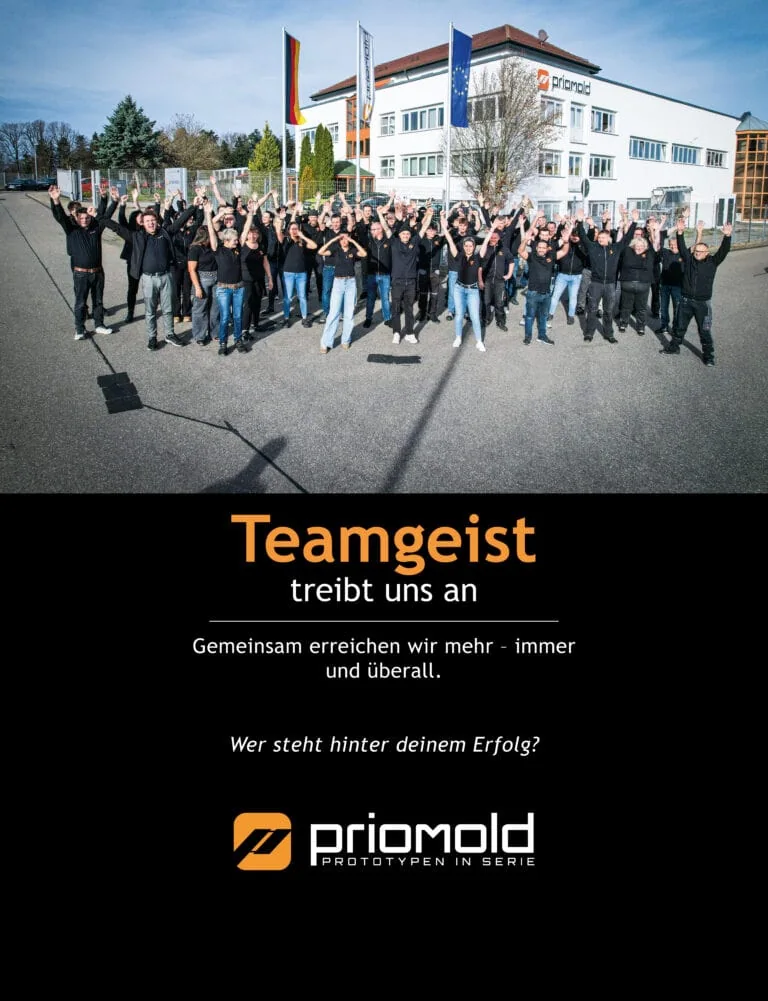 priomold Unternehmenswert Teamgeist: Das Team vor dem Firmengebäude in Schömberg steht für Zusammenhalt, Zusammenarbeit und gemeinsame Stärke.