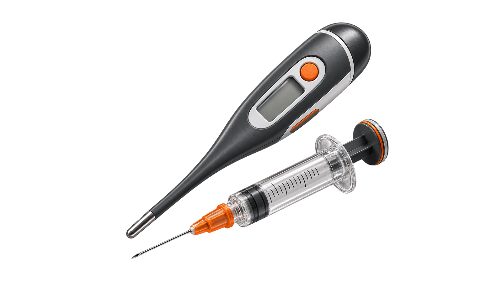 Digitales Fieberthermometer und Spritze als Beispiele für Kunststoffspritzguss in der Medizintechnik