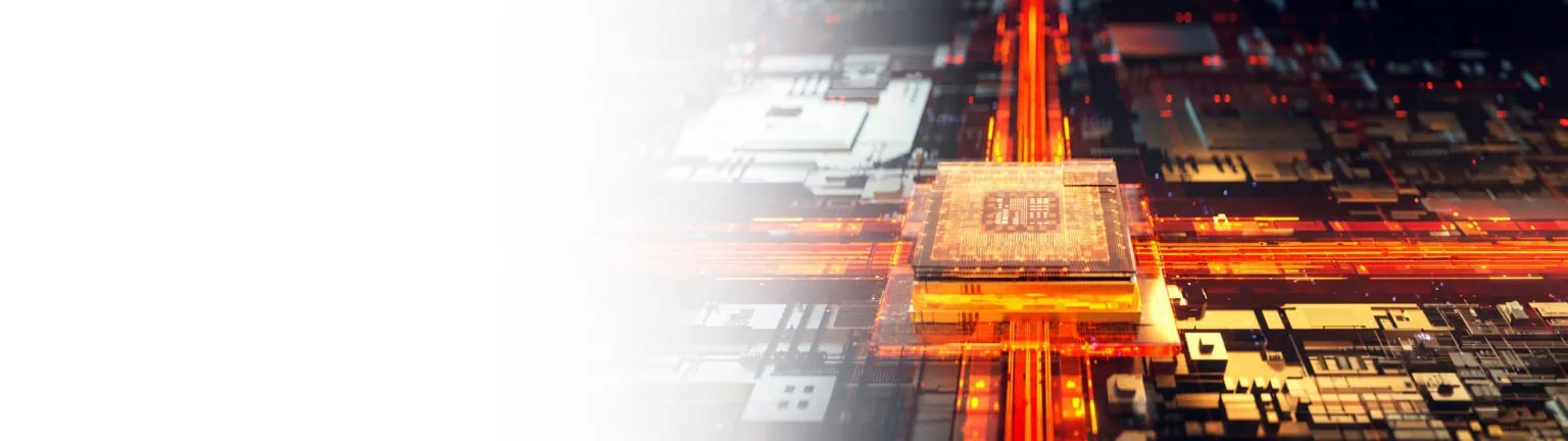 Leuchtender Mikrochip auf elektronischer Leiterplatte für Elektronik und Datenverarbeitung