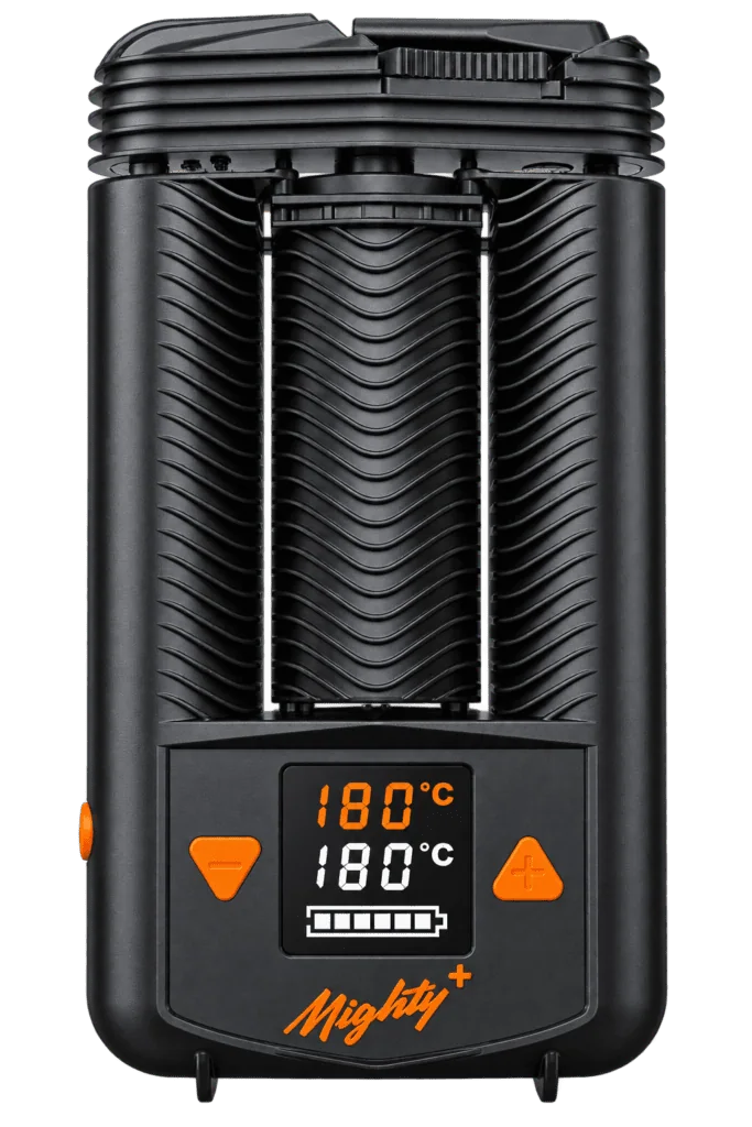 Schwarzer Mighty+ Vaporizer als freigestelltes Produktbild mit Display und Bedienelementen.