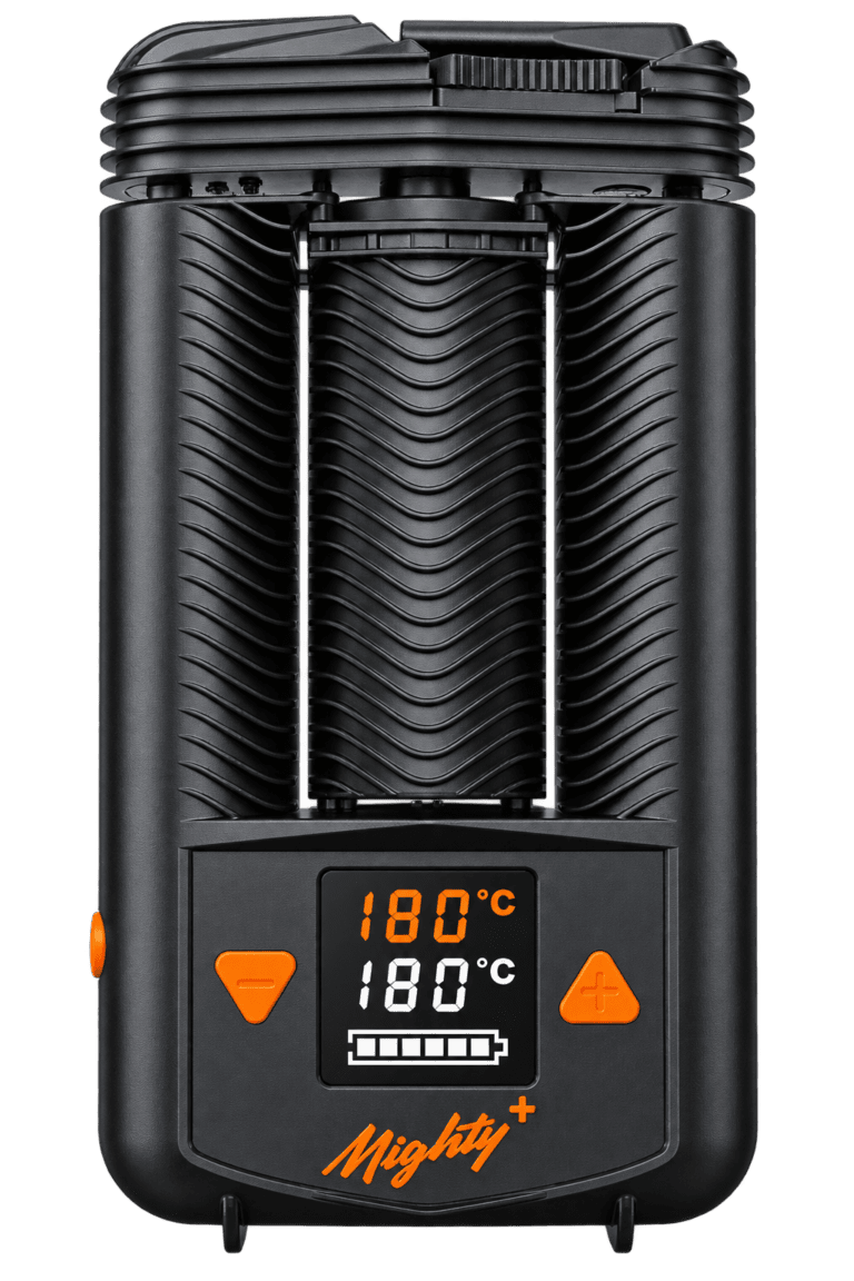 Schwarzer Mighty+ Vaporizer als freigestelltes Produktbild mit Display und Bedienelementen.