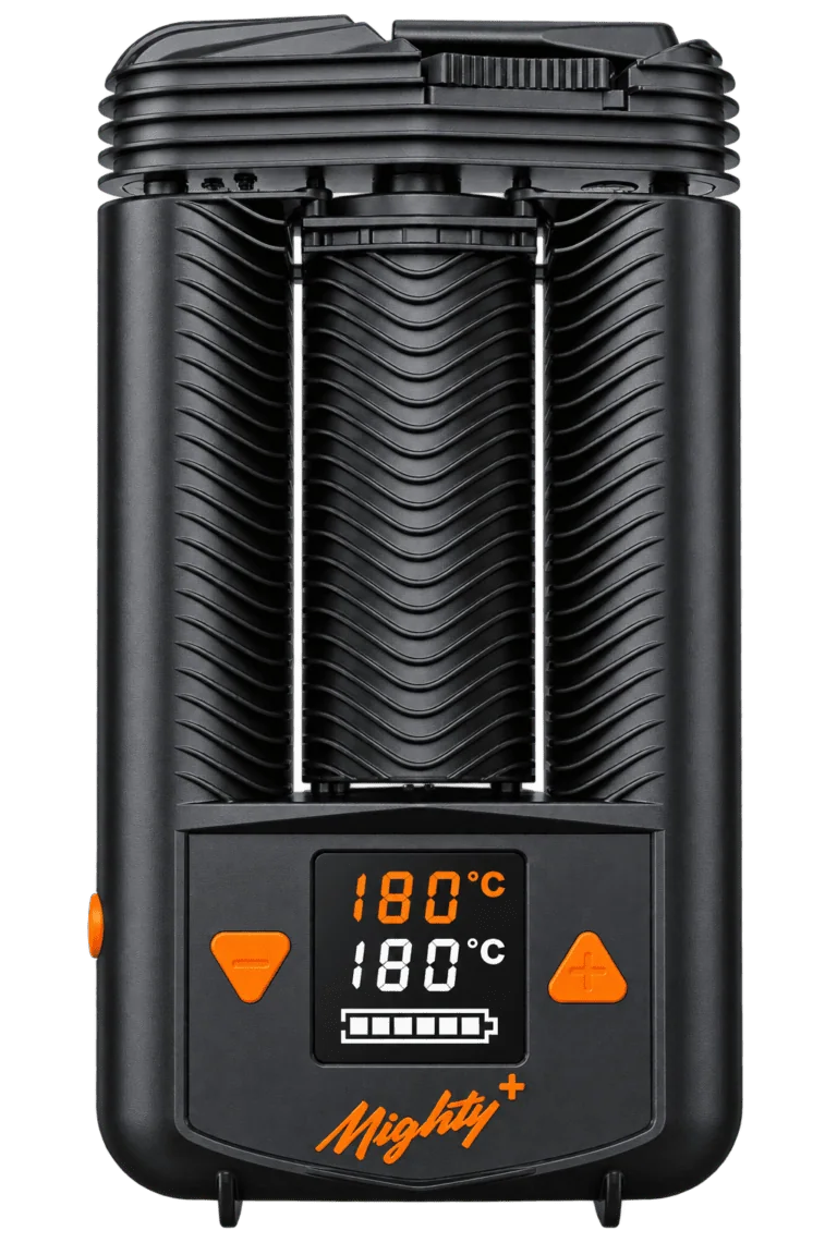 Schwarzer Mighty+ Vaporizer als freigestelltes Produktbild mit Display und Bedienelementen.