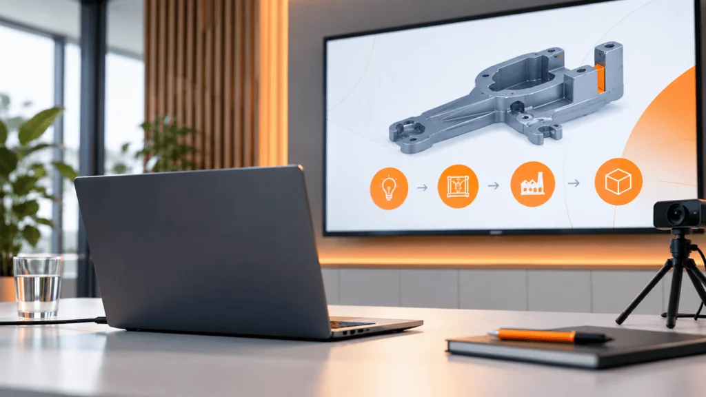 Modern eingerichteter Webinar-Arbeitsplatz mit Laptop, Kamera und technischer Darstellung eines Kunststoffbauteils für ein Online-Seminar zum Kunststoff-Spritzguss.